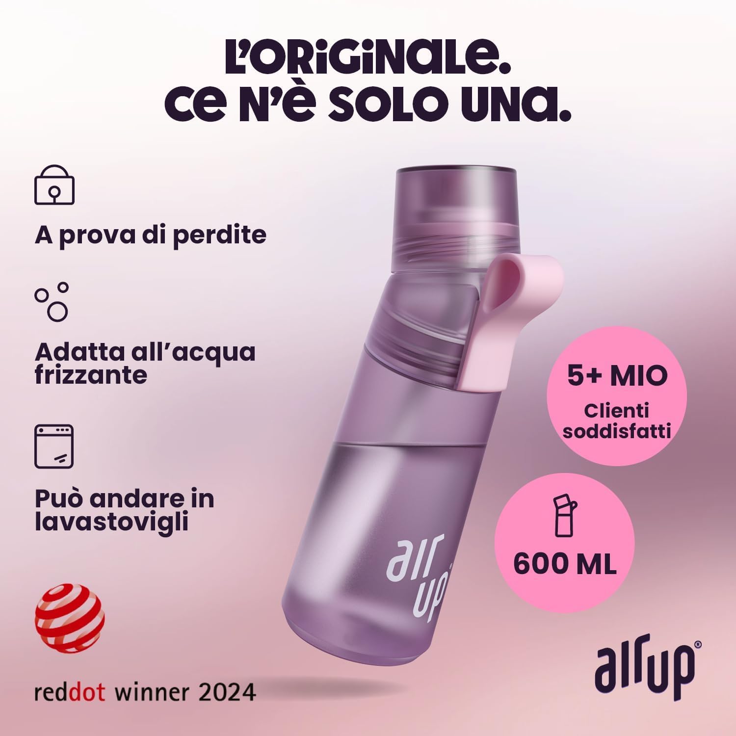 AIR UP Borraccia Twist Pro originale starter pack con cialde 5 gusti I Borraccia da 600ml con aromi senza zucchero I lavabile in lavastoviglie, senza BPA I in Lavender