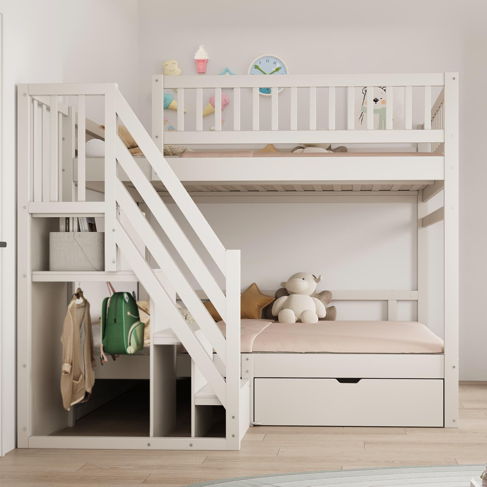 Lit Superposé Enfant 140x200cm,Lit Superposé 2 Places avec Tiroir,Escalier de Rangement,Barrière Haut,Cadre en Bois Massif,Sommier à Lattes Solide,pour Enfants Ados(Blanc 1, 140x200)