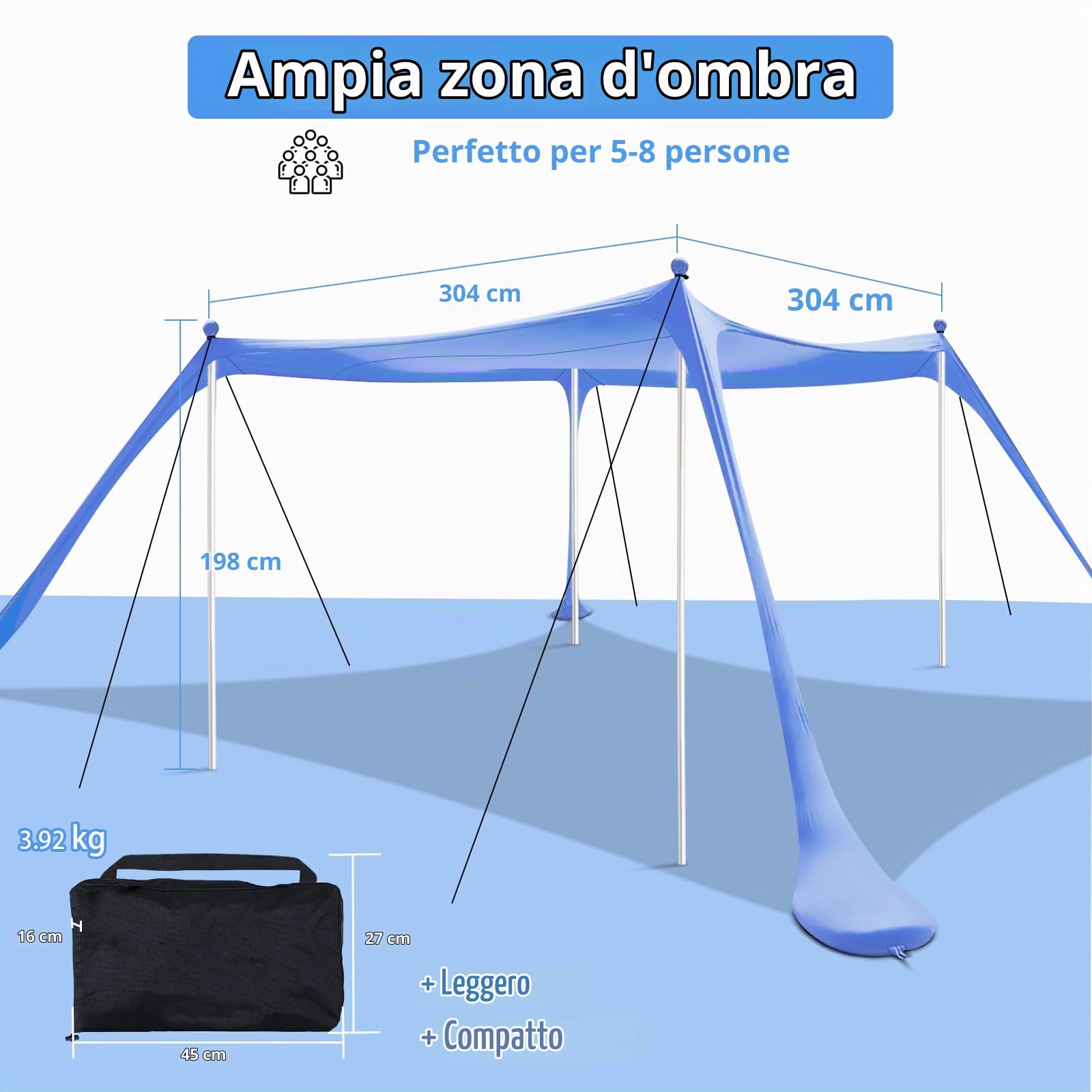 Tenda da spiaggia, tenda da sole da spiaggia, 3 × 3 m, SPF 50+, con pala di sabbia, picchetti e barre di stabilità, protezione dal vento, protezione solare per esterni, campeggio, pesca