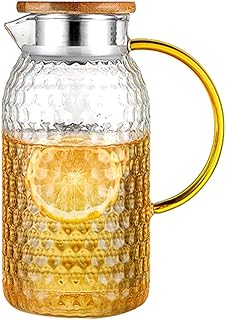 JSMY Pichet en Verre Pichet à Eau en Verre de 1,2 L/1,5 L avec Couvercle en Bois de Bambou pour Pot de thé à Feuilles Mobiles Pichet à jus d'eau Froide Chaude