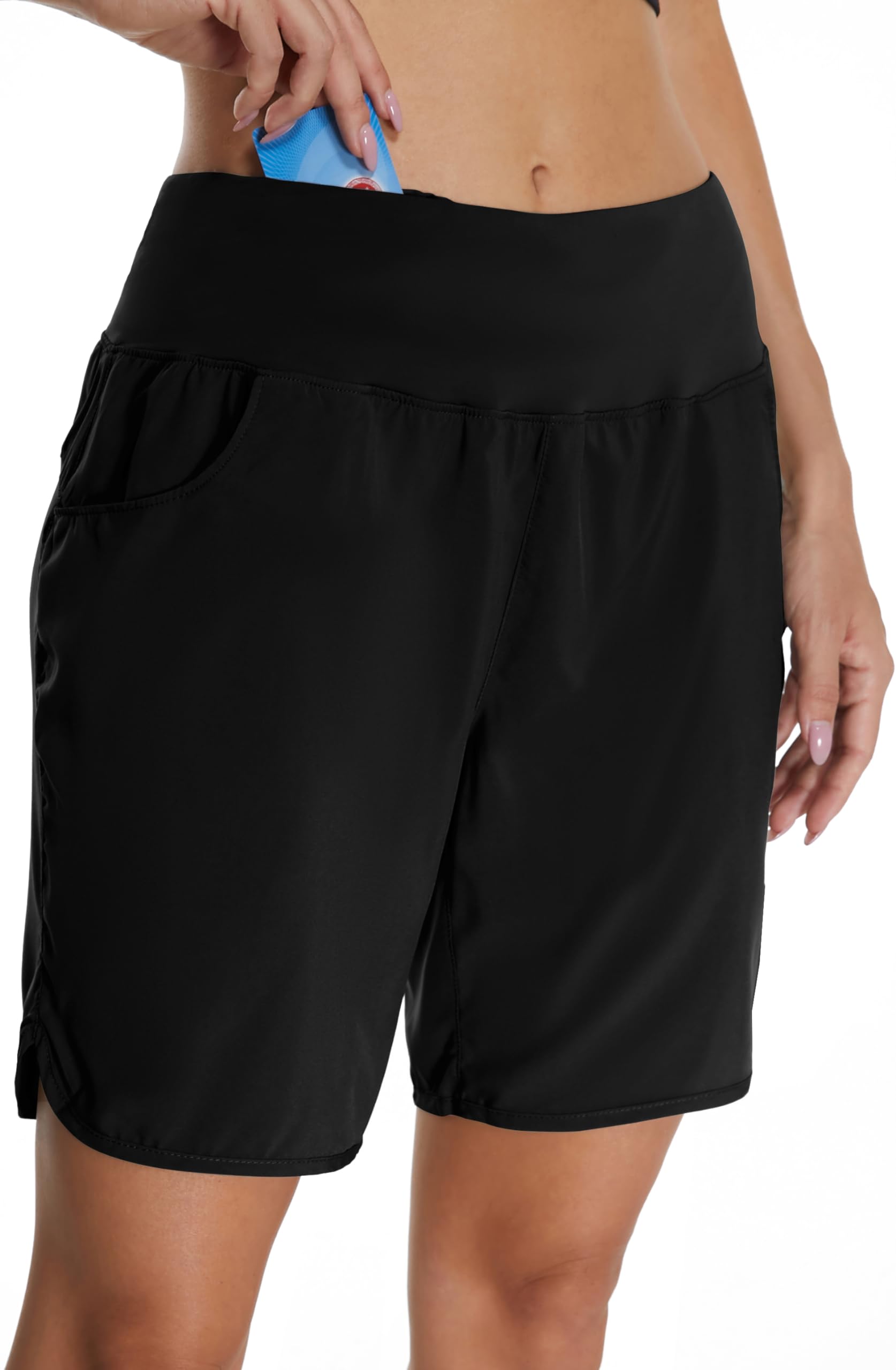 Mesing Pantaloncini Sportivi Running Donna a Vita Alta Pantaloni Corti Palestra Corsa Allenamento Traspirante Sport Shorts con Slip Interni e Tasche Posteriori con Cerniera