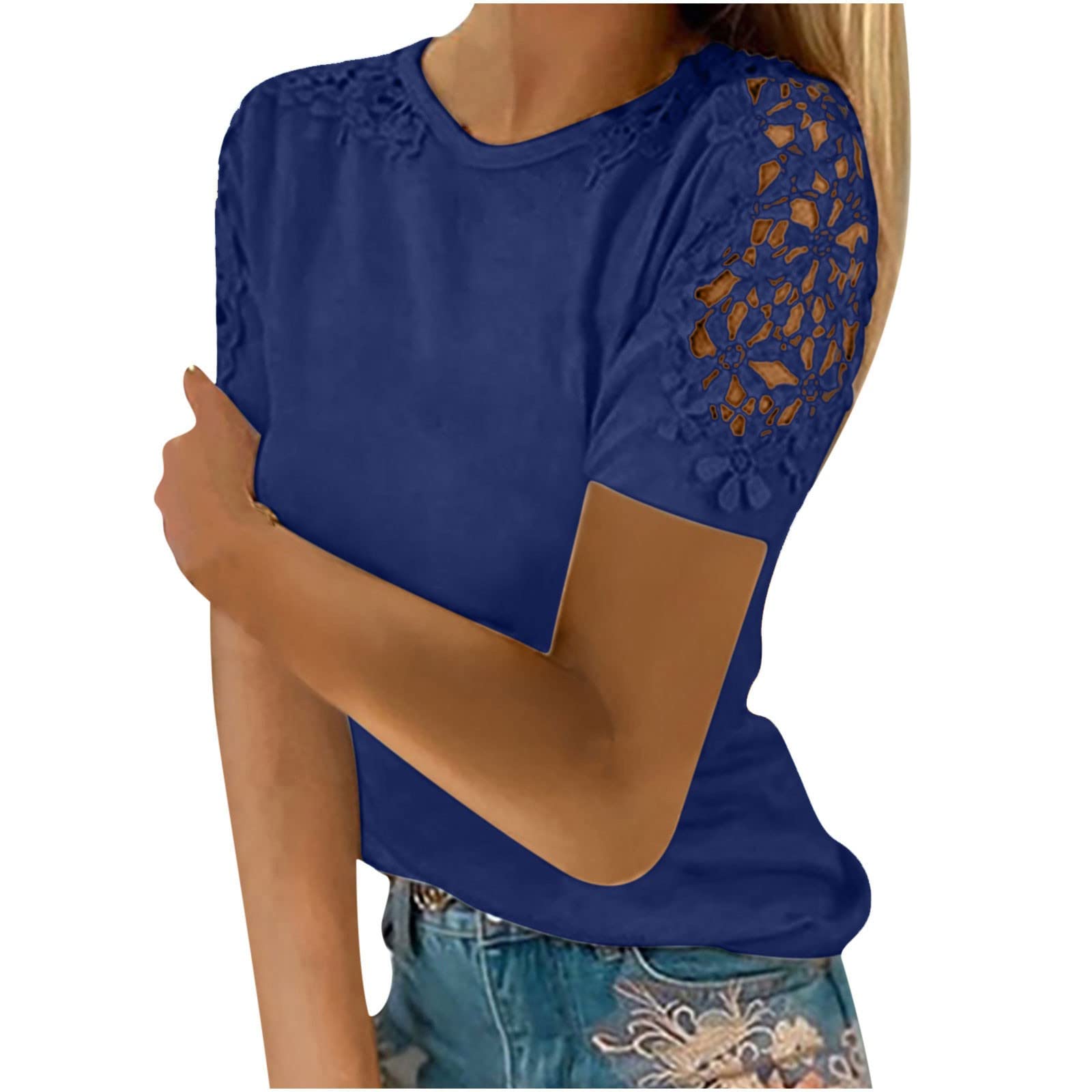 HAOLEI Suelta Camisetas Manga Corta Mujer,Tallas Grandes Camiseta Mujer de Mangas de Encaje Huecas Camiseta Blanca Mujer Color Sólido Blusas Mujer Verano 2024 Elegantes Multicolor Casual Tops