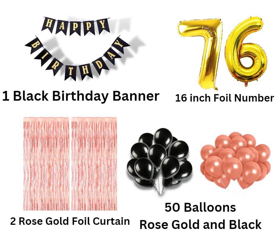 Image of 76th Birthday Decoration items for Girls with Black and Rose Gold Balloons, Black Happy Birthday Banner, Rose Gold Foil Curtain, Foil Balloon number 76