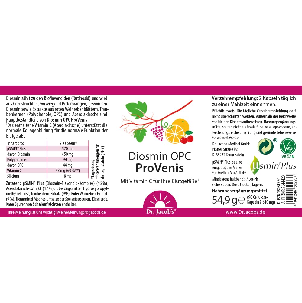 Diosmin OPC ProVenis I Für die Blutgefäße¹ I OPC Kapseln I vegan | Innovativer Diosmin-Flavonoid-Komplex µsmin® Plus I Polyphenole aus Traubenkernen und roten Weinrebenblättern I 90 Kapseln