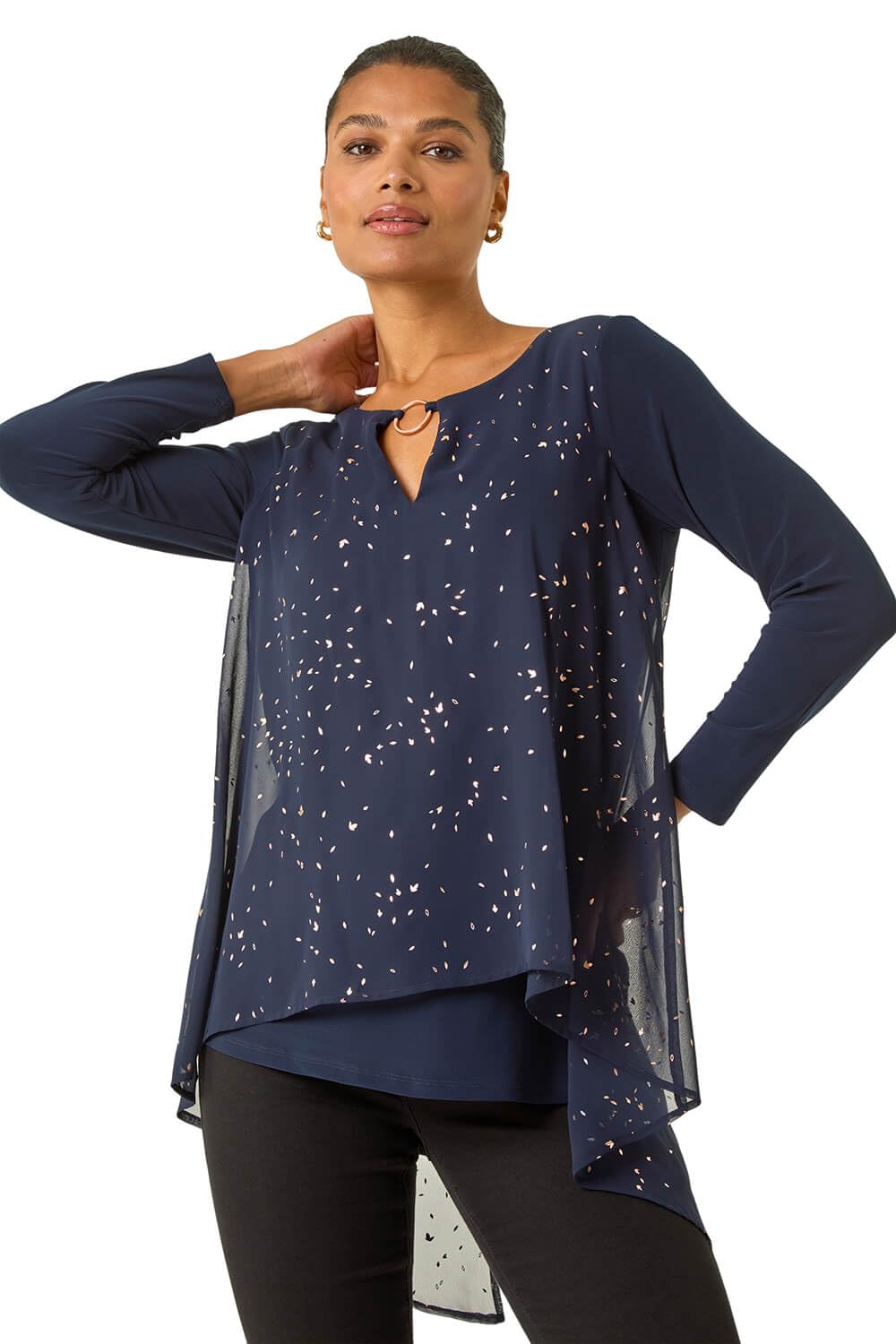 Roman Originals Women's Navy Ring Front Chiffon Overlay Tunic Top For Uk - Everyday Autumn Winter Round Neckline Comfy Soft Evening Vacation Work Party Night Out - Size 20