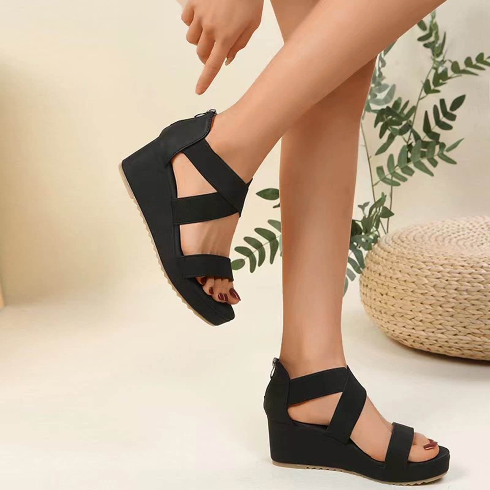 Sandali larghi per donna moda estate tinta unita camoscio aperto Toe croce elastico zeppa sandali donna sandali, Nero , 40 EU