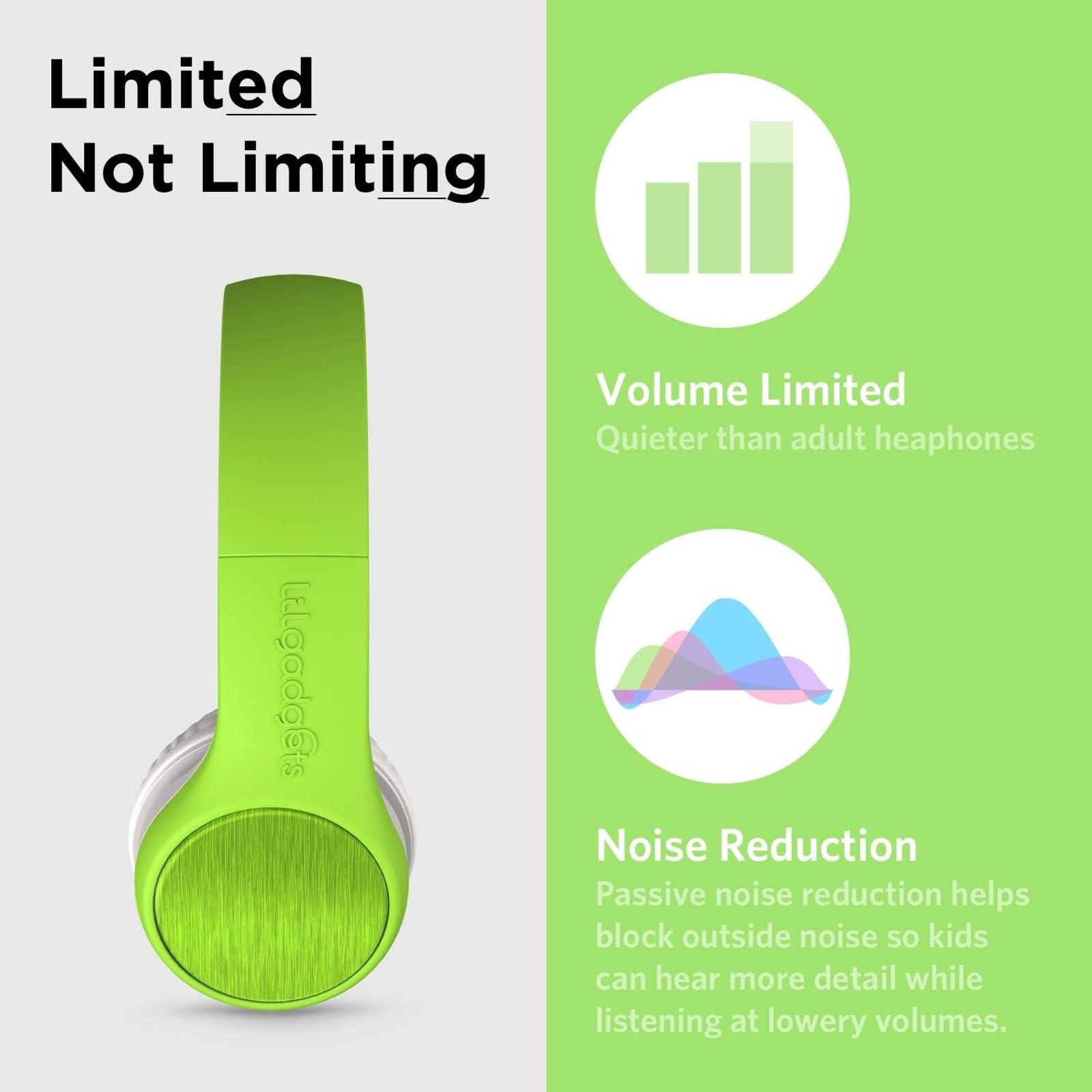 LilGadgets Estilo Connect+ Auriculares con Cable de Volumen Limitado con Puerto compartido y micrófono en línea (para niños, niños pequeños) Verde