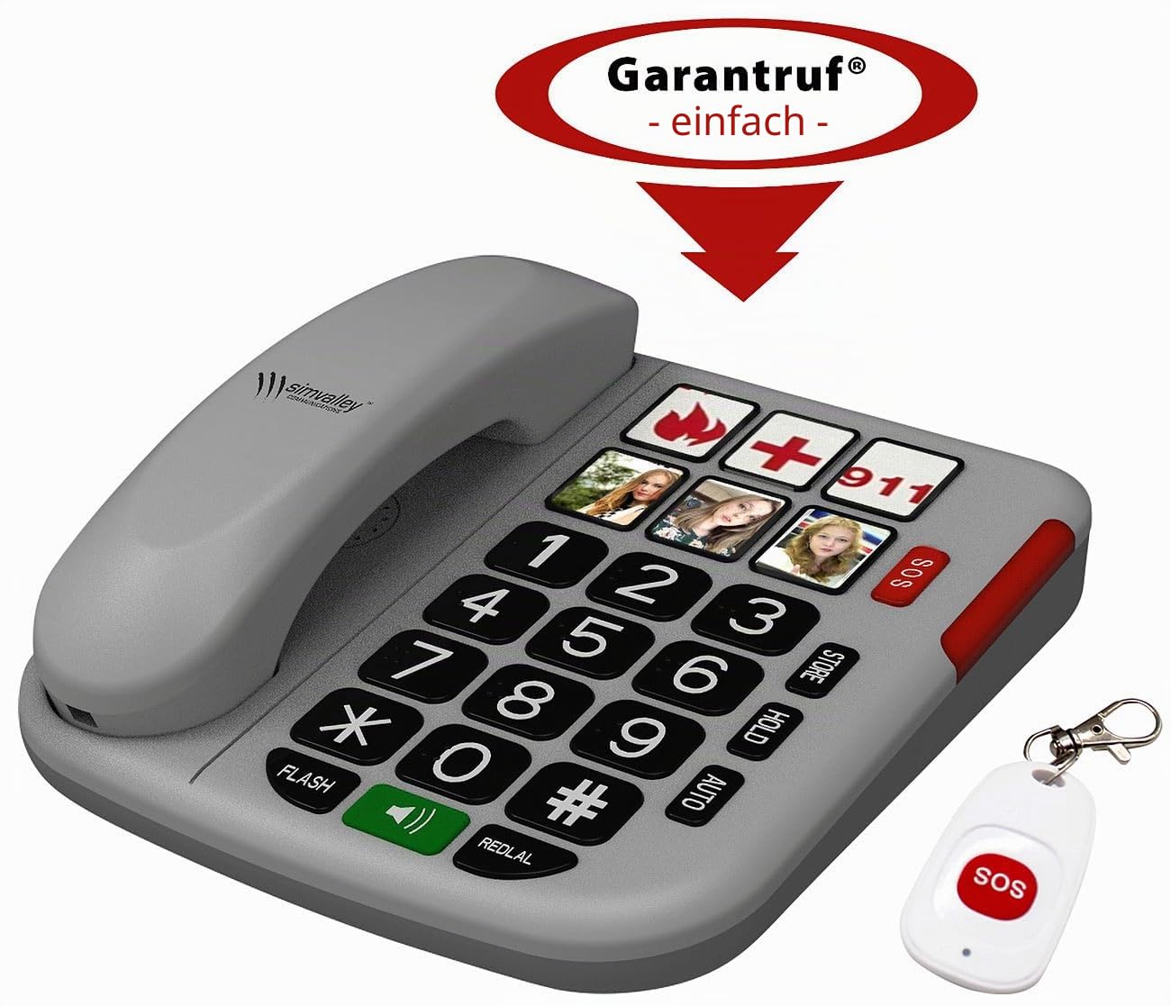 Communications Festnetztelefon: Senioren-Notruf-Telefon, Funk-SOS-Taster & zusätzliches SOS-Armband (Notruftelefon, Tischtelefon)