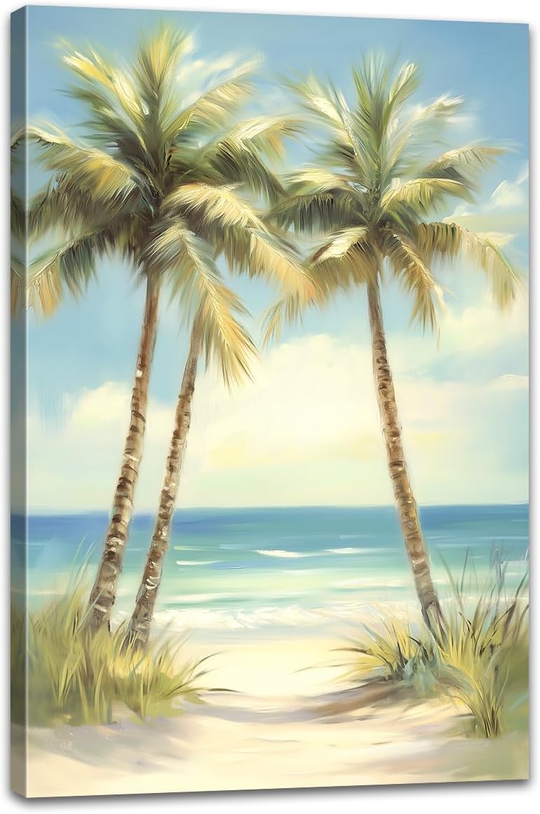 Tropical Beach Canvas Wall Art Palm Tree Pictures Wall Decor Ocean Landscape Painting Prints for Living Room Bedroom Bathroom Decor Framed(Tree-2,16L x 24W)