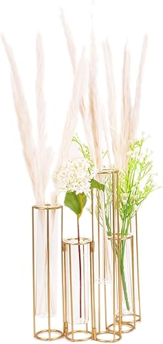 Miniatura 4 de Jarrón de tubo de ensayo con marco de metal, jarrones con bisagras para centros de mesa, florero de cristal para mesa con 5 tubos de ensayo, juego