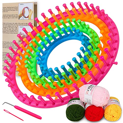 Coopay 4PCS Knitting Loom Round Knitting Loom Kit, Circle Loom Knitting for Hats Socks Scarves, Crochet Loom Hat Loom, Loom Knitting Kit with Loom Hooks, Needles & 4 Yarns for Beginners Adults/Kids