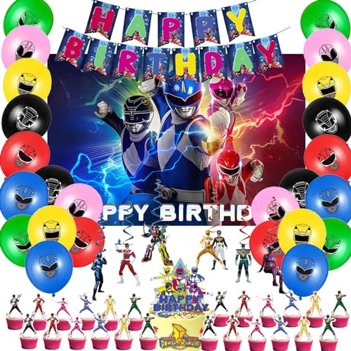 Power Birthday Party Decorations, Power Birthday Party Supplies for Kid Includes 1 Backdrop, 1 Happy Birthday Banner, 6 Hanging Swirls, 24 Latex Balloons, 1 Cake Topper, 24 Cupcake Toppers