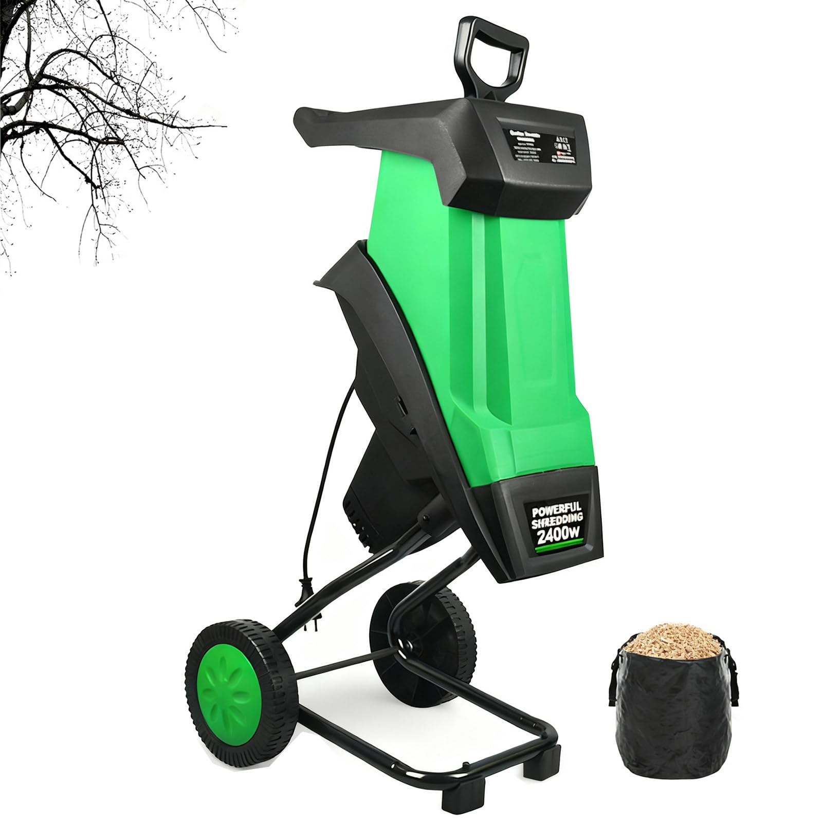 Biotrituratore Elettrico per Legno, Trituratore Rapido Da Giardino da 2400 W con Sacco di Raccolta da 50 Litri E Lame In Acciaio al Manganese a Doppia Faccia. per Rami Fino A 40 Mm Di Diametro