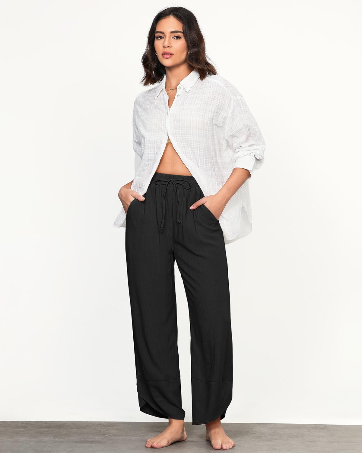GRAPENT Linen Pants Women High Waisted Wide Leg Casual Beach Pull On Elastic Waist Summer Cropped Pants with Pockets - Image 7