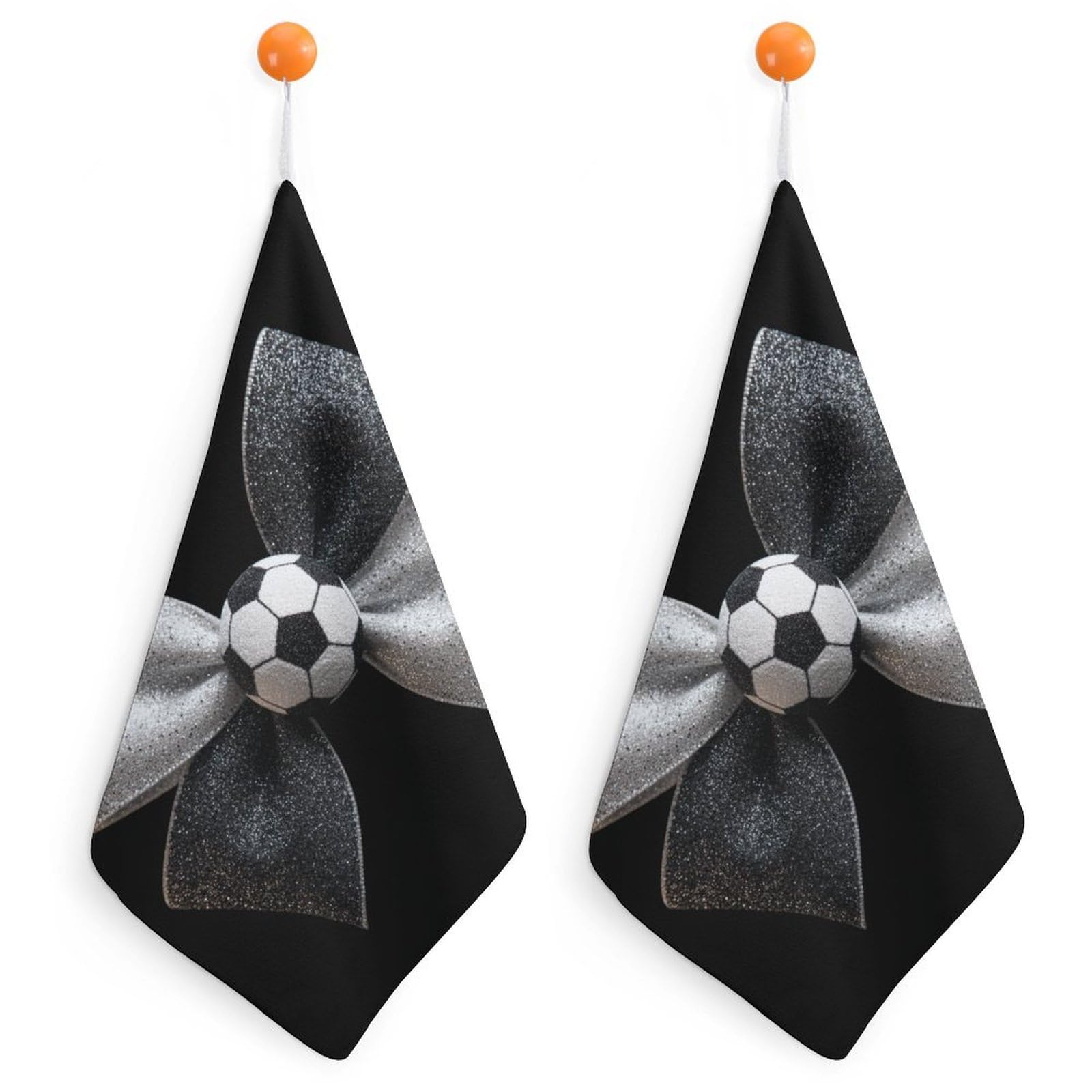 Jubonexis Black And White Glitter Bow Soccer Ball Small Hand Towel with Hanging Loop 2 PCS Absorbent Soft Wash Cloth for Kitchen Bathroom