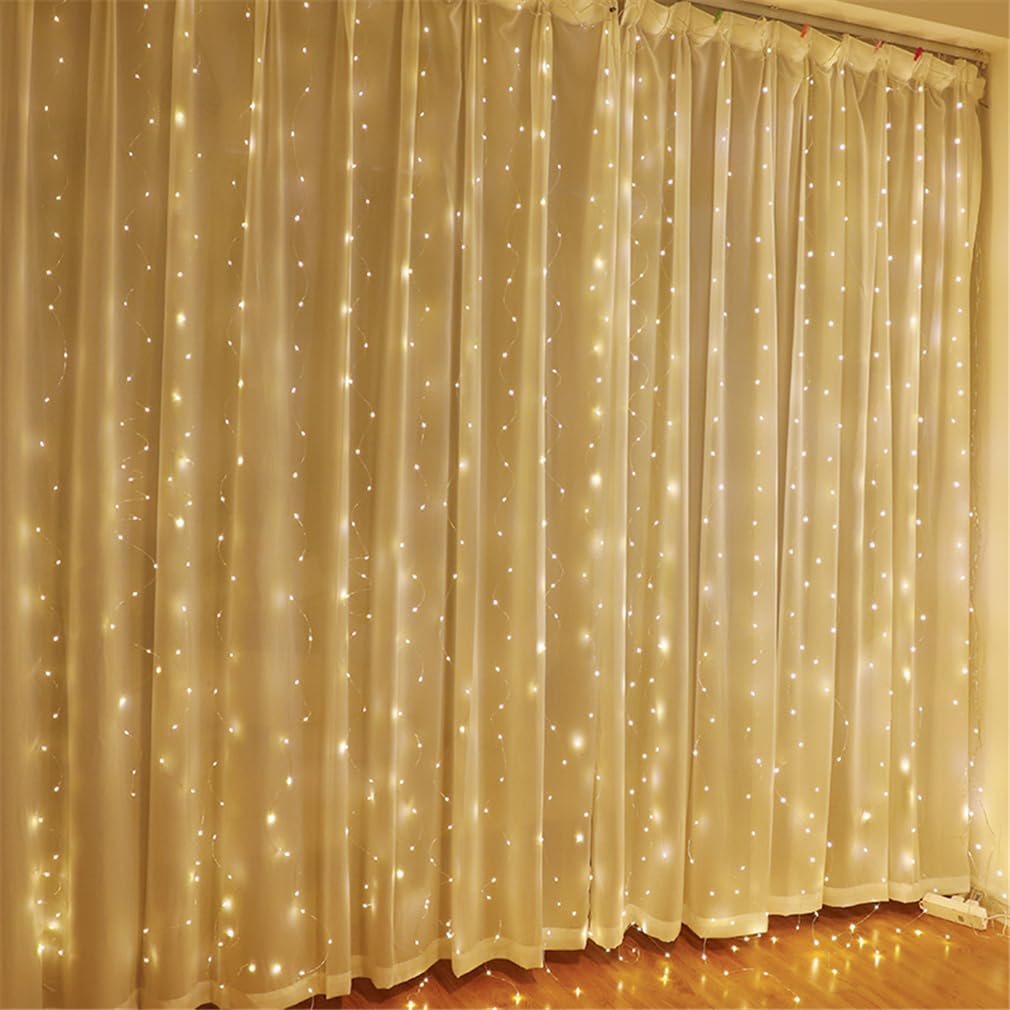 LED Light Curtain USB Curtain Fairy Lights Indoor/Outdoor, Backdrop Window Curtain Lights 8 Modes with Hooks, for Party Decoration Bedroom Wedding Birthday Garden Window (Warm,6 * 3M)