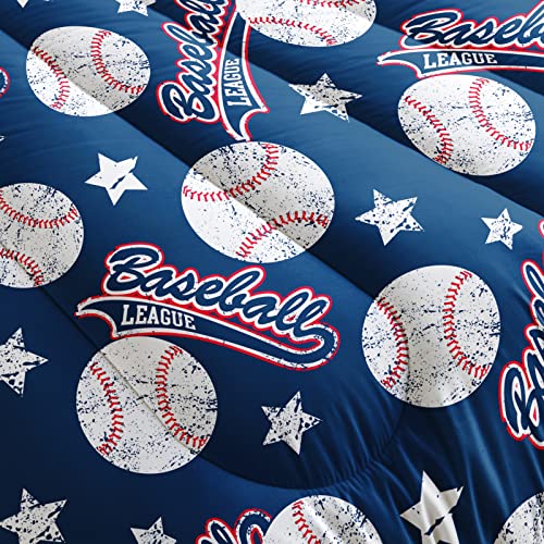 Qoomo 3D Baseballs Comforter Queen Size,Blue Baseball Kids Comforter Set,3Pcs Bedding Set Printed Comforter With 2 Pillowcases,Down Alternative,Soft And Lightweight,For All Seasons #TOP3