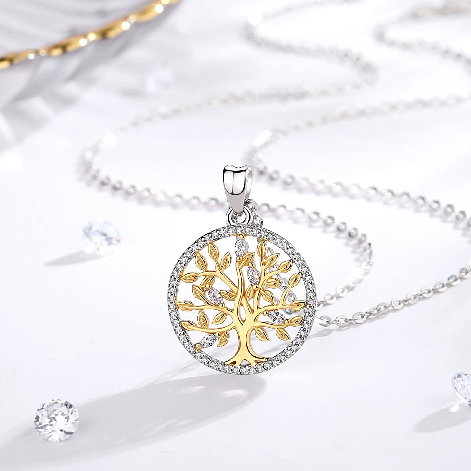 EUDORA Harmony Ball Collana Albero della Vita per Donna Argento Sterling 925 Cubic Zirconia Ciondolo Albero Madre Gioielli Regalo per Ragazza Madre Figlia Moglie, Catena 45 cm