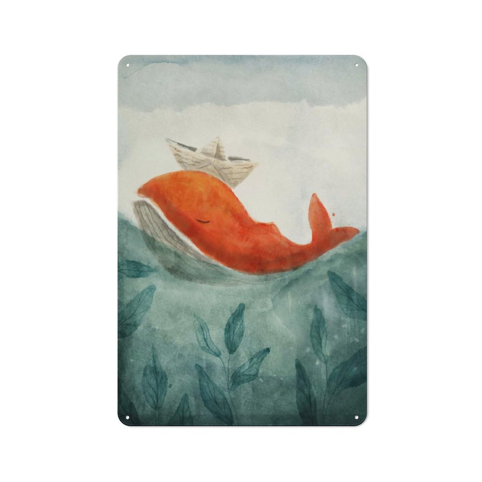 Junmoney Whale With Paper Boat Vintage Tin Sign 30X20cm For Hobby Room Or Studio, A New Home Present For Creative Interior Collectors