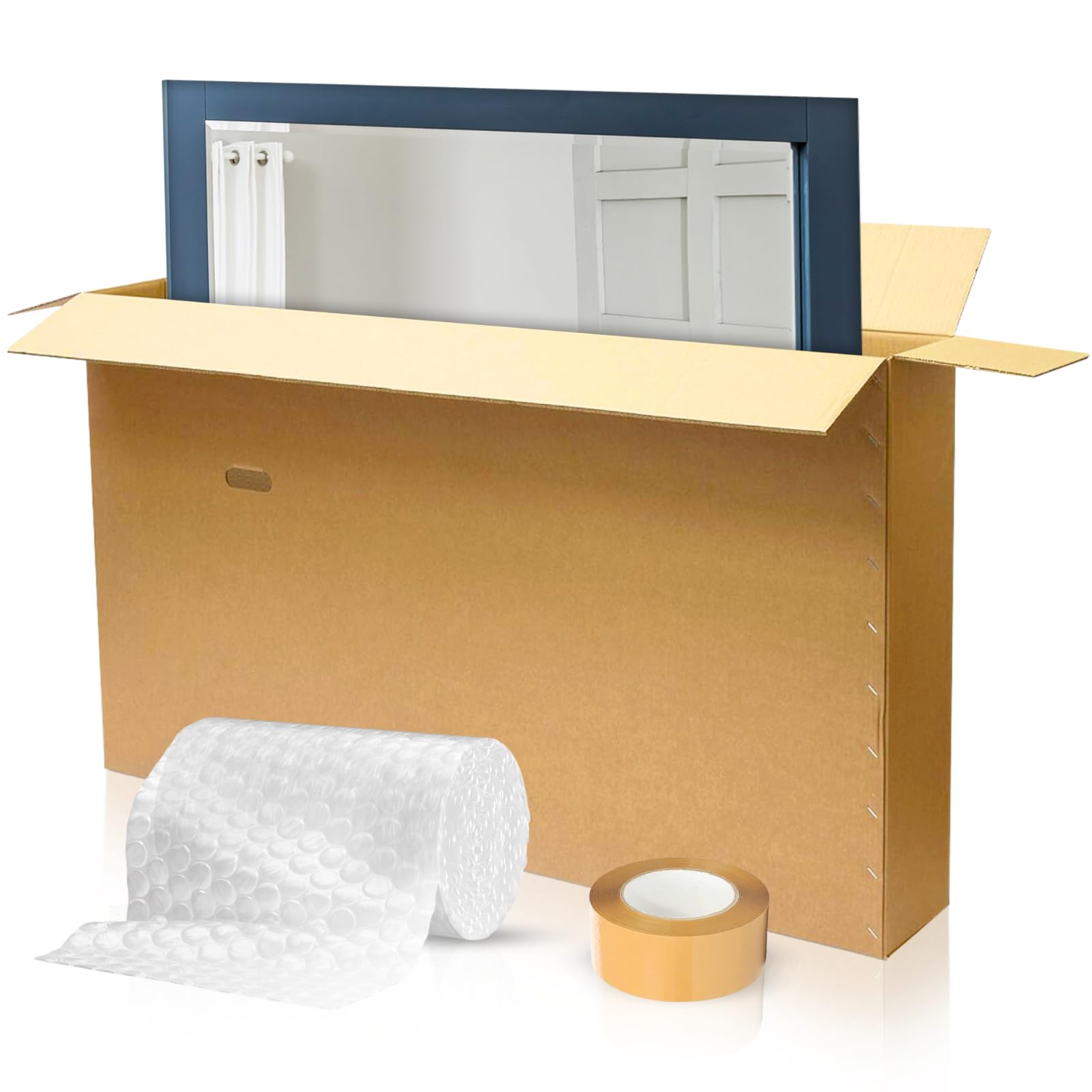 Mirror Packaging Box | Sturdy Double-Walled Cardboard with Handles | Includes 10m Bubble Wrap & Strong Tape Roll | Perfect for Shipping Mirrors, Frames & Paintings (Small)