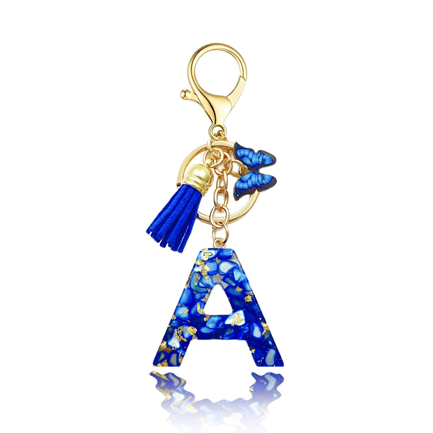 Baofuwan Keychain girl women letter key chain with initial letters butterfly handle pink blue golden for purse handbags school bag