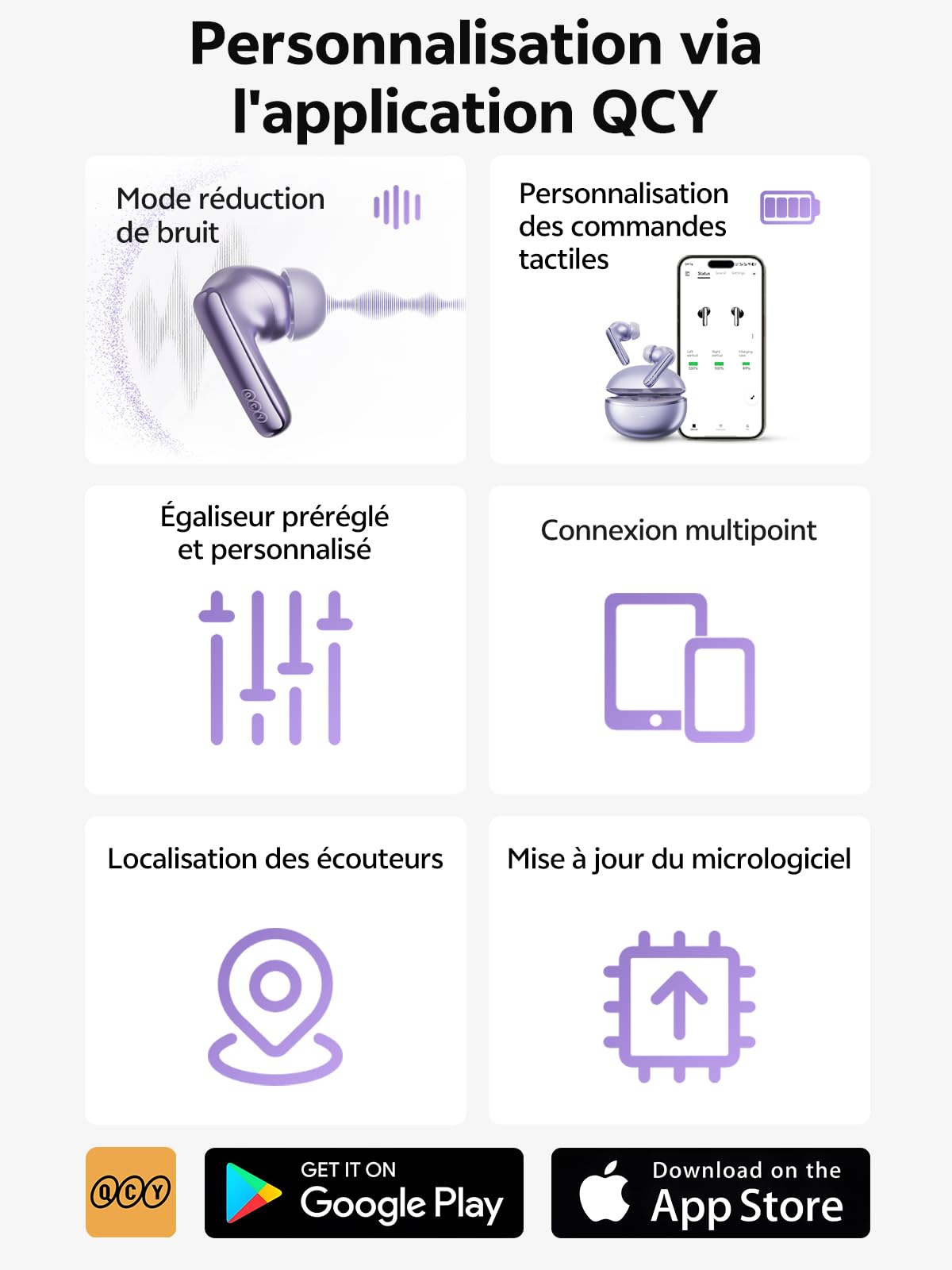 QCY MeloBuds N70 Écouteurs Bluetooth avec réduction Hybride adaptative du Bruit de -56 DB,Hi-Res Sound LDAC,6 micros AI pour des appels clairs,50H de Lecture, Recharge sans Fil,IPX5, Bluetooth 6.0