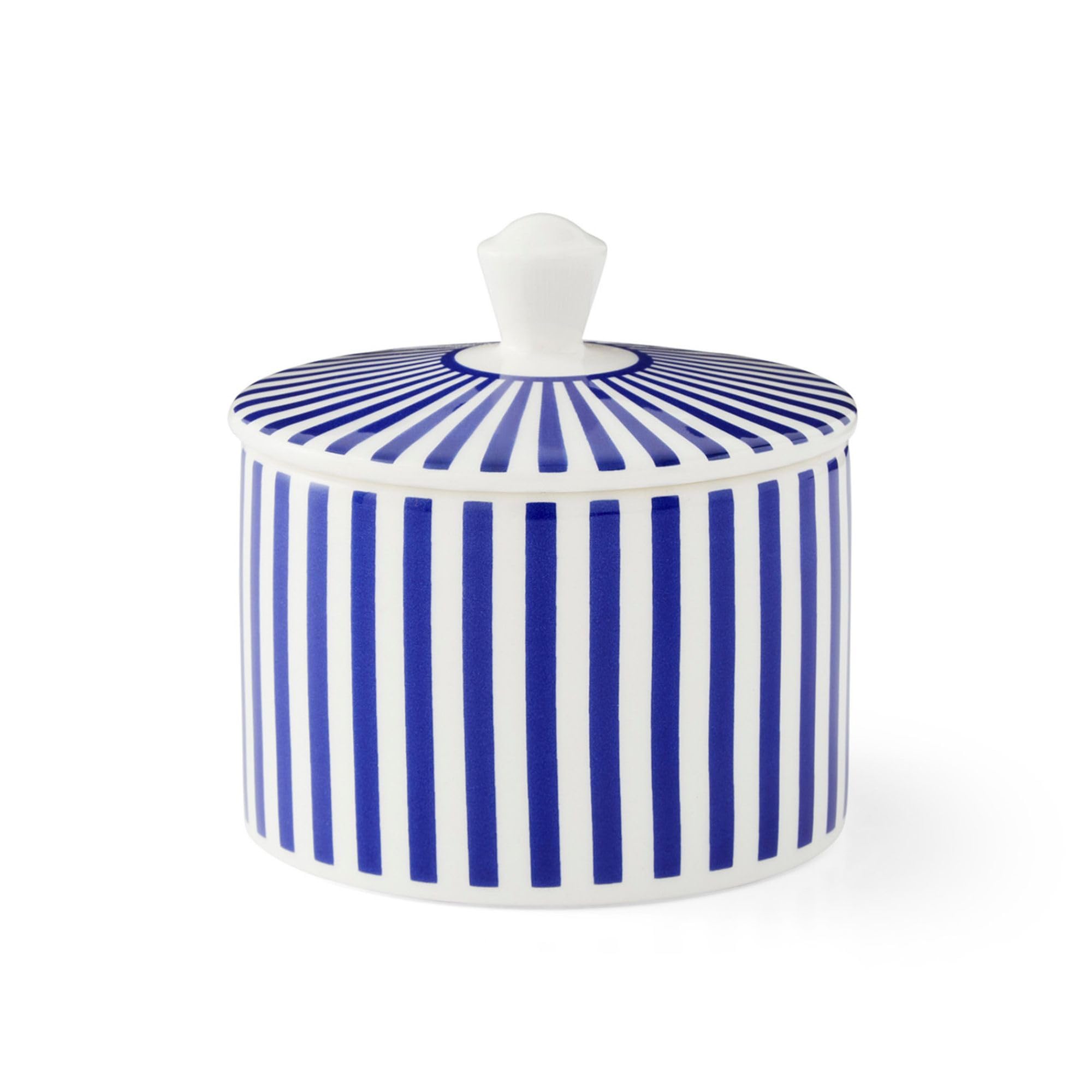 Steccato Covered Sugar Bowl - 10 Ounce Earthenware Container with Lid, Cobalt Blue Striped Design, Microwave Dishwasher Freezer & Oven Safe - Ideal for Afternoon Tea & Gifting