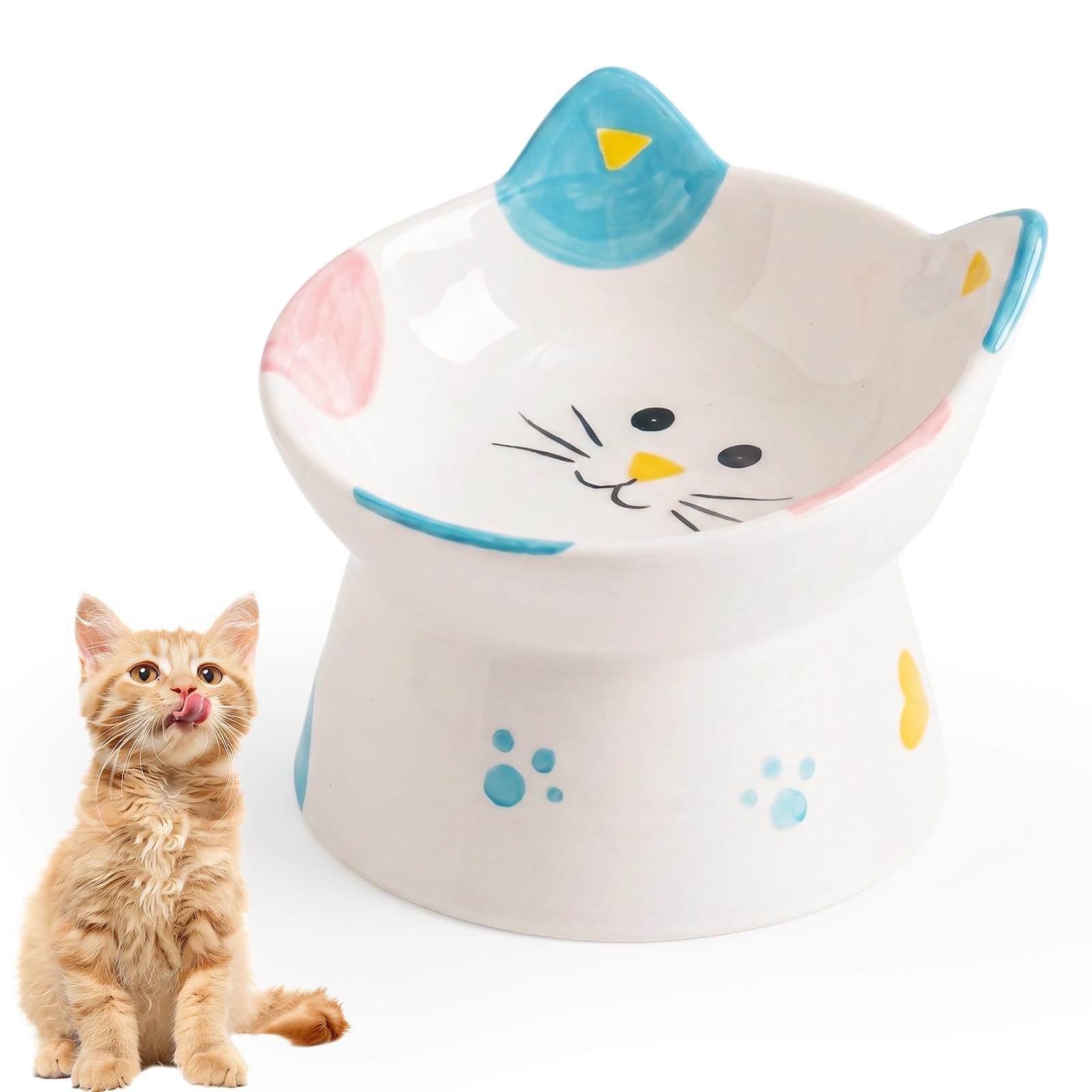 Raised Tilted Cat Bowl Ceramic, Cute Elevated Cat Food Bowl with No-Slip Mat, 15° Tilted Cat Feeding Bowls for Neck Protective Whisker Friendly Pets Food Bowls for Cat＆Small Dog