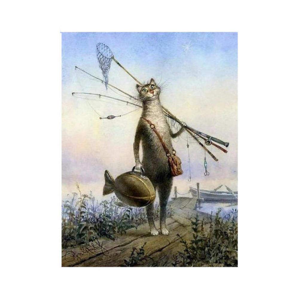 Digital Painting Diy Oil Painting Set, With Brush And Acrylic Paint Adult Canvas Painting Beginner Animal Oil Painting 16X20Inch (40X50Cm)-Kitten Fishing_Framed