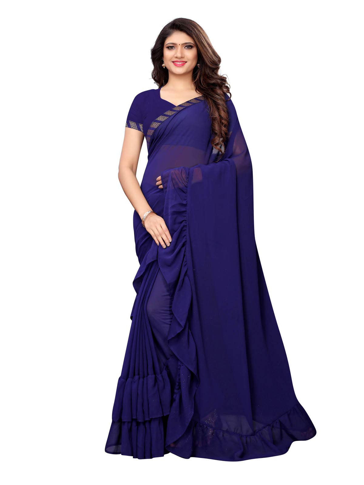 KANCHNAR Women's Frill Ruffle Georgette Border saree