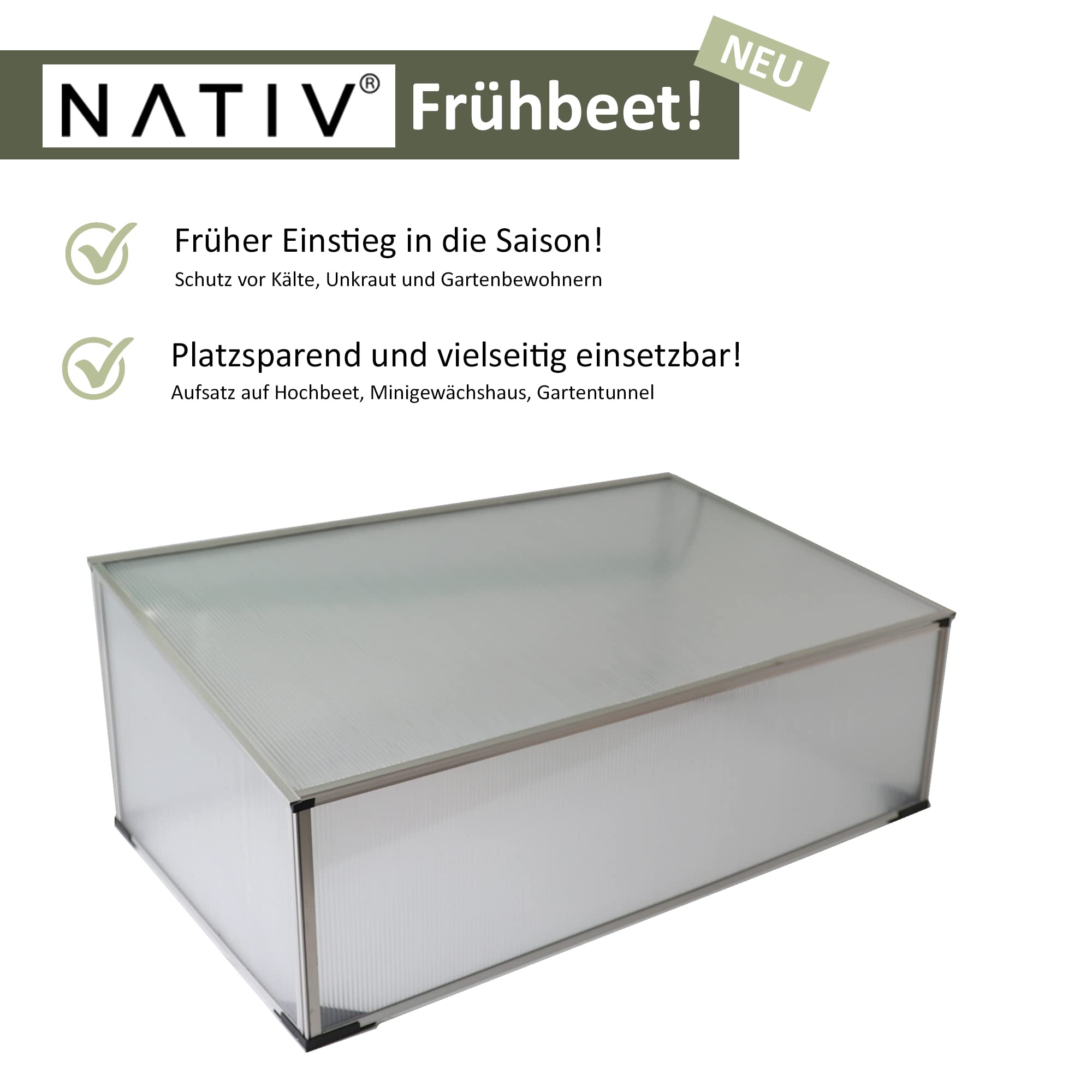 NATIV Frühbeetkasten mit Hohlkammerplatten, Frühbeet mit Aluminium-Rahmen, Hochbeet-Abdeckung mit arretierbarem Dach, Frühbeetaufsatz für Hochbeet 100 x 60 cm, Mini Gewächshaus