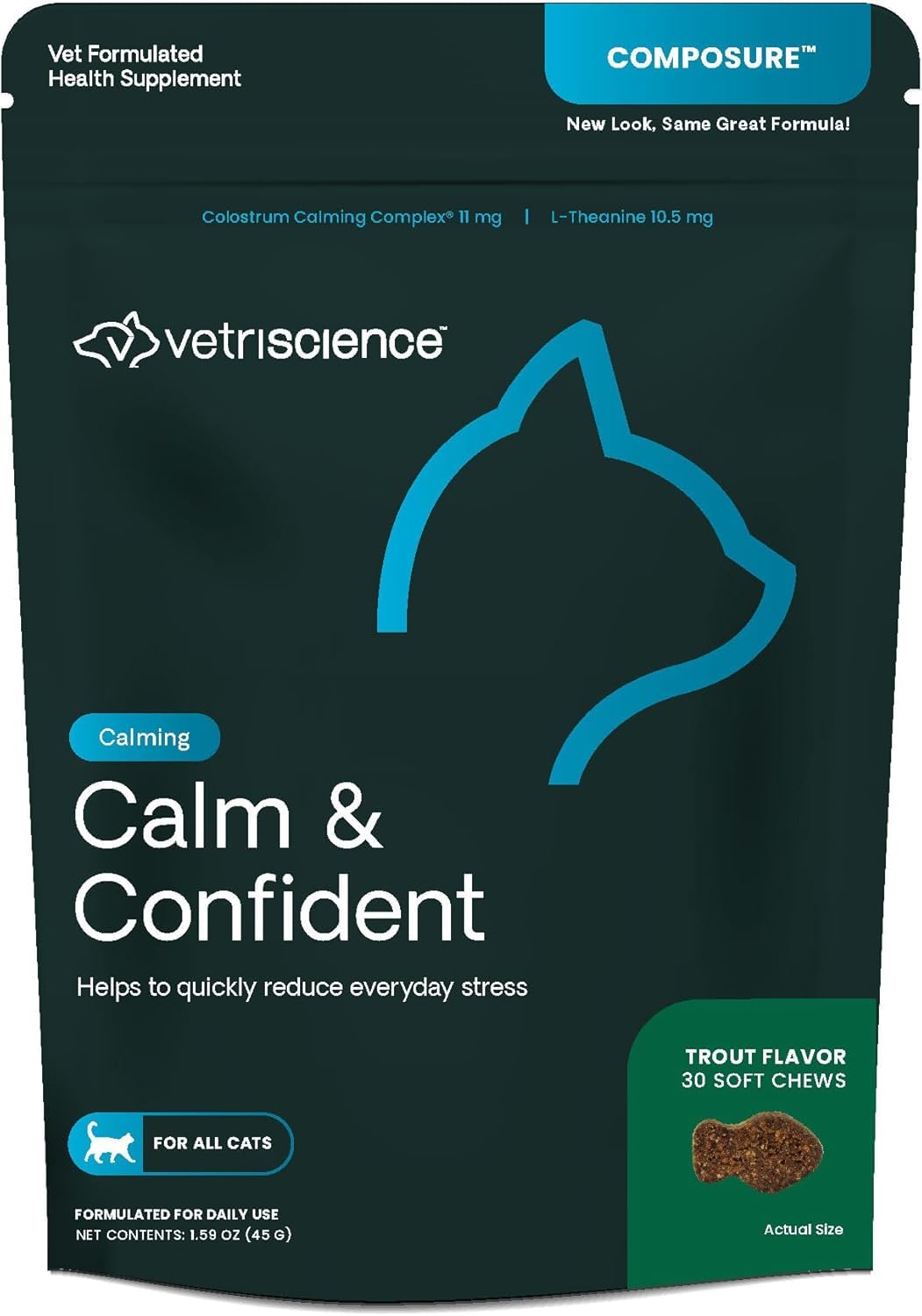 Calm & Confident Chews, Composure Calming and Anxiety Supplement for Cats, Reduce Stress and Fear, Ideal for Travel, Vet, Grooming and Routine Changes, Trout, 30 Count