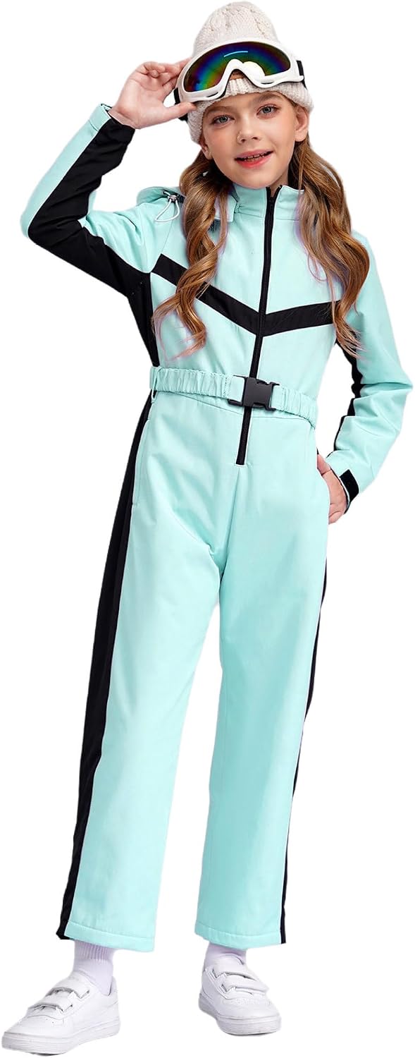 Kids Girls One Piece Hooded Ski Suit Winter Warm Snowboard Ski Suits Waterproof Windproof Snowsuit Light Green 6 Years