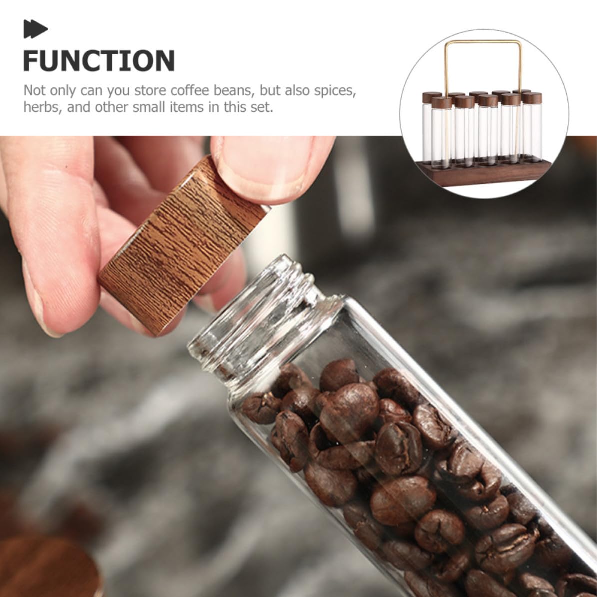 Luxshiny Glasbehälter für Kaffeebohnen mit Holz und Messingständer, luftdicht versiegelt, platzsparend, ideal für Küche und Apartments, 1 Set Aufbewahrungsröhrchen