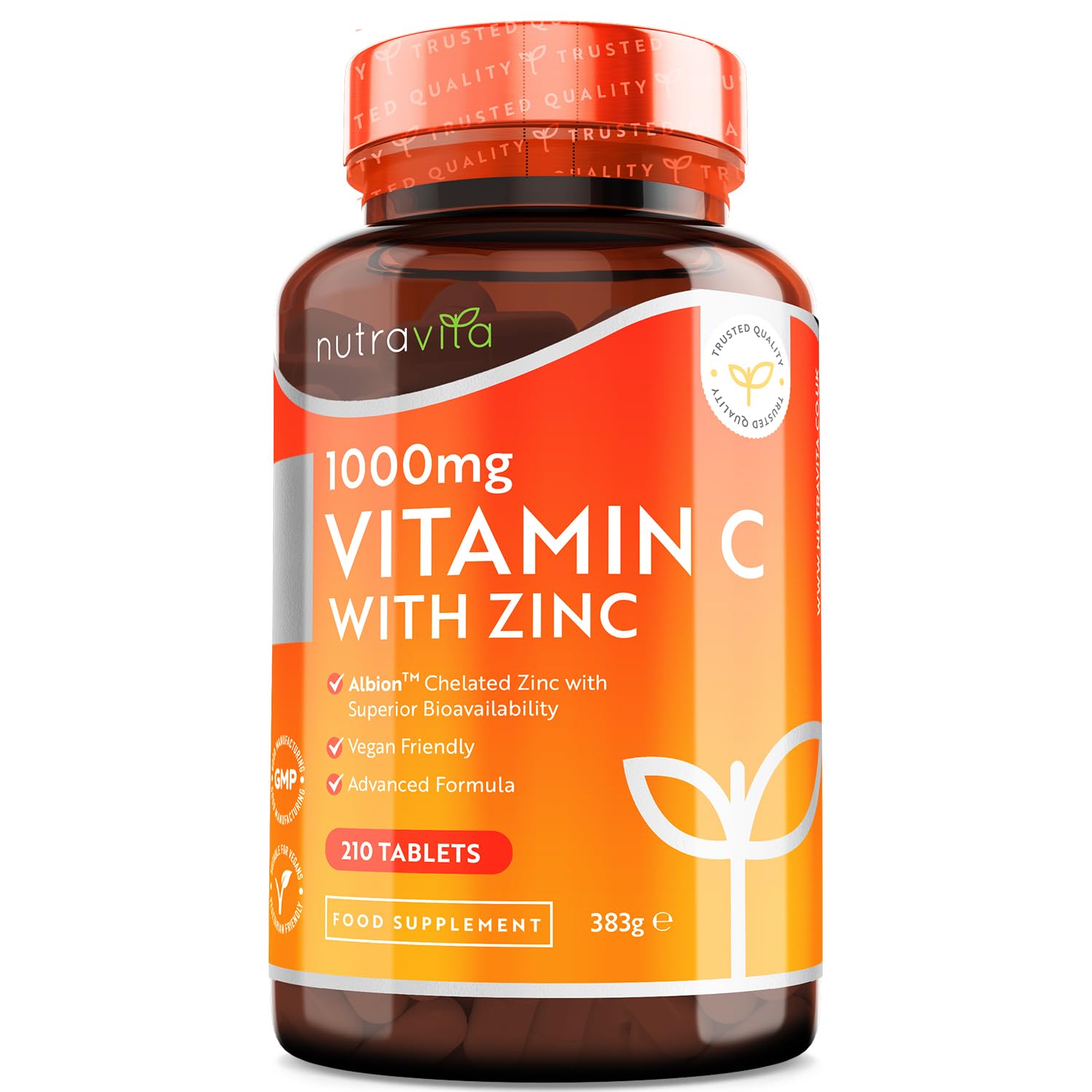 Vitamine C 1000 mg et Zinc 15 mg - 210 comprimés Végan - Zinc Albion® pour une meilleure absorption - Supplément entièrement Végan de Vitamine C et de Zinc de haute résistance – Nutravita