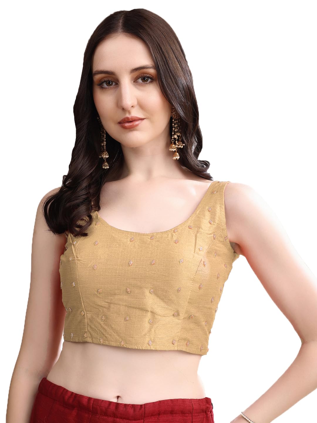 Pujia Mills Women's Square Neck Silk Sleeveless with Stone Readymade Blouse