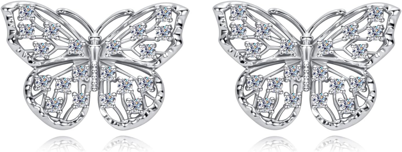 AnuClub Butterfly Moissanite Stud Earrings D Color VVS1 925 Sterling Silver Delicate Wings Design Elegant Lightweight Earrings for Women with Certificate