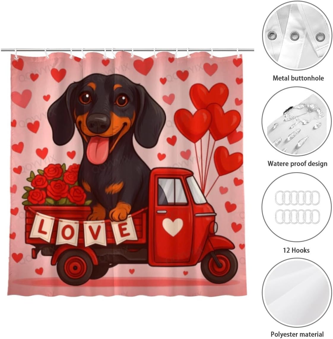Valentines Day Shower Curtain Dachshund Truck Valentine's Day Shower Curtain for Bathroom Shower Curtains Set with Hooks 72x72 Inch with 12 Hooks