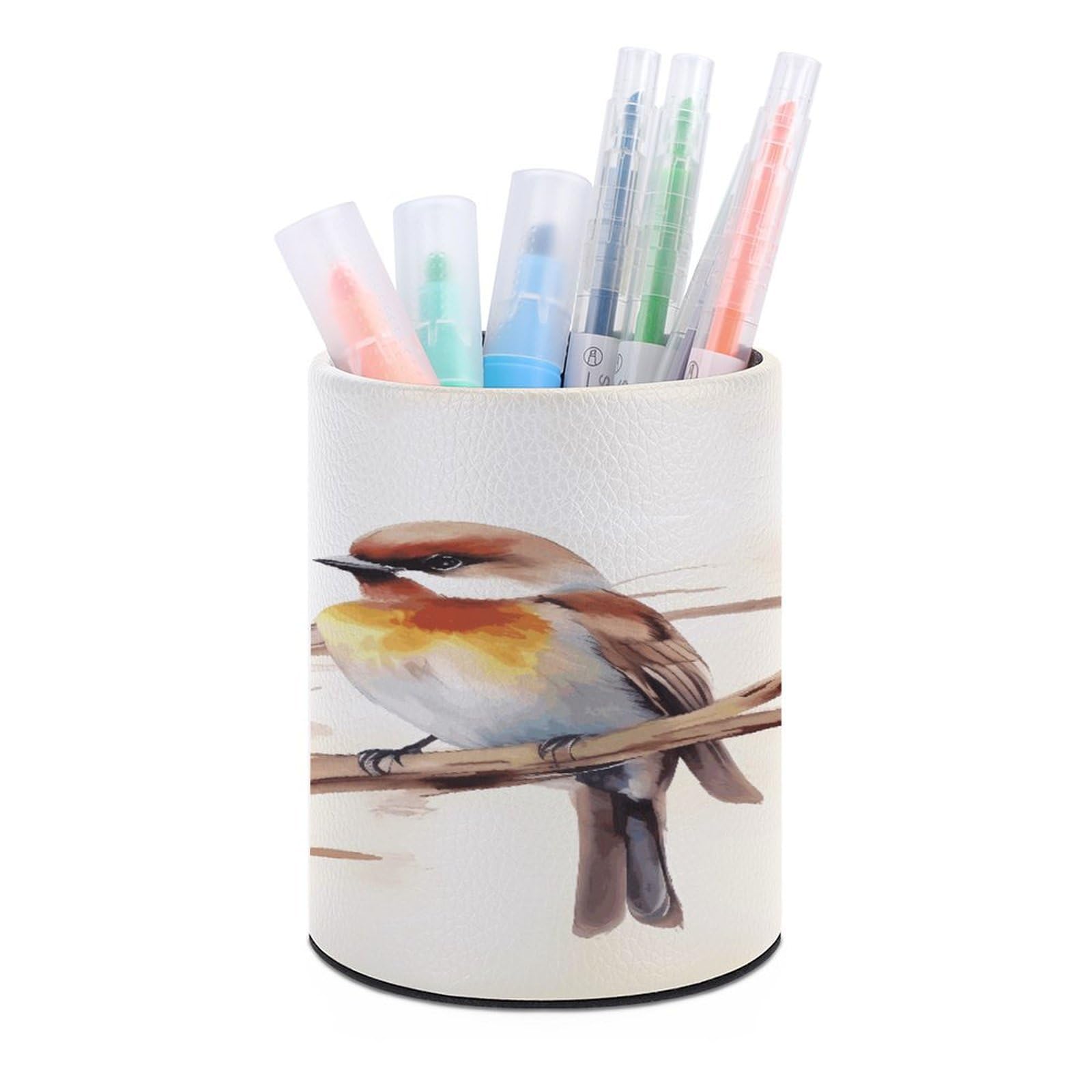 FekiLoot Birds Resting on Tree Branch Pen Holder Cup Fashion PU Leather Pencil Cup Minimalist Pen Organizer Round Pencil Holder Stand Work Locker Accessories for Decoration Desk Office Home