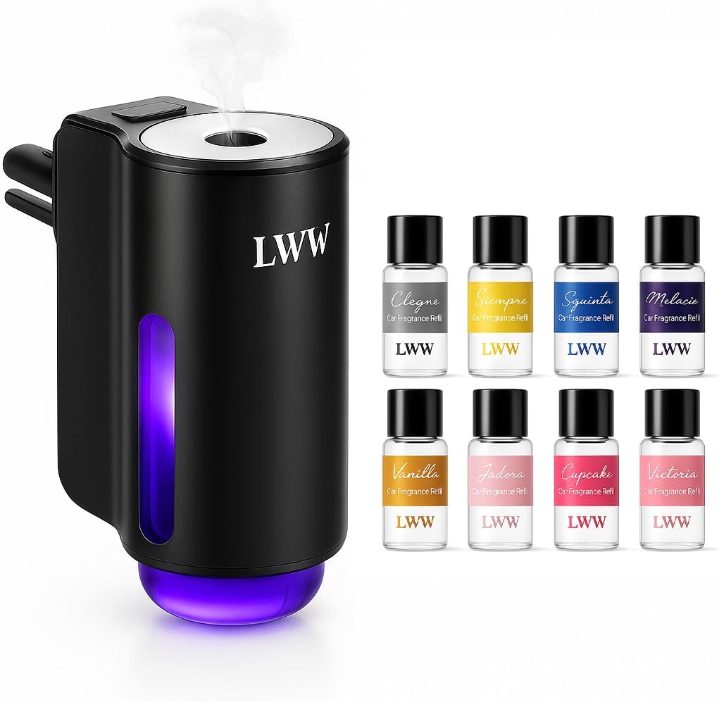 LWW Smart Car Air Freshener - 3 Levels Strength with Ventilation Clip, Rechargeable Car Fragrance Atomizer - with 8 10ml Bottles of Fragrance, Long Lasting Oil Diffuser (Black)