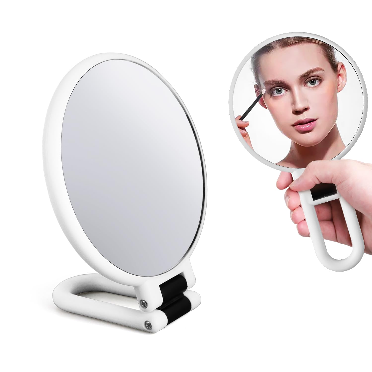 Delsen Espejo de Mano con 15 Aumentos,Mano de Doble Cara Espejos,Espejo de Mano con Mango para Viaje 1X 15X,Plegable Espejo para Maquillaje de Ojos,Viajes,Mesa o Afeitado (Blanco)