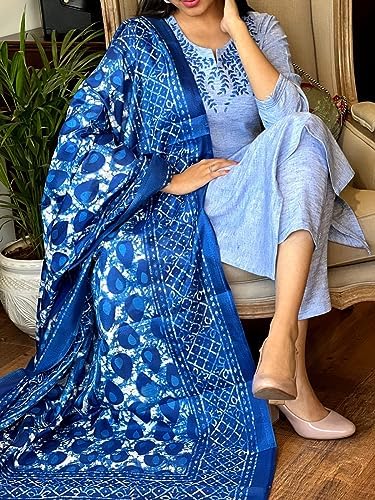 Image of Leaf Embroidered 3 /4 Sleeve Cotton Kurti Pant Set with Dupatta for Women