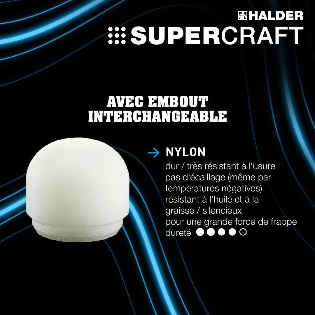 Maillet SUPERCRAFT, Avec manche en hickory verni, amortissant les vibrations et ergonomique et embout arrondi | D=25 mm | 3366.225