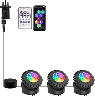 RGB Pond Lights Mains Powered Submersible LED Underwater Fountain Spotlights with Bluetooth APP Control IP68 Waterproof for Aquariums Fish Tanks Pools Garden Yard Ponds (Set of 3)