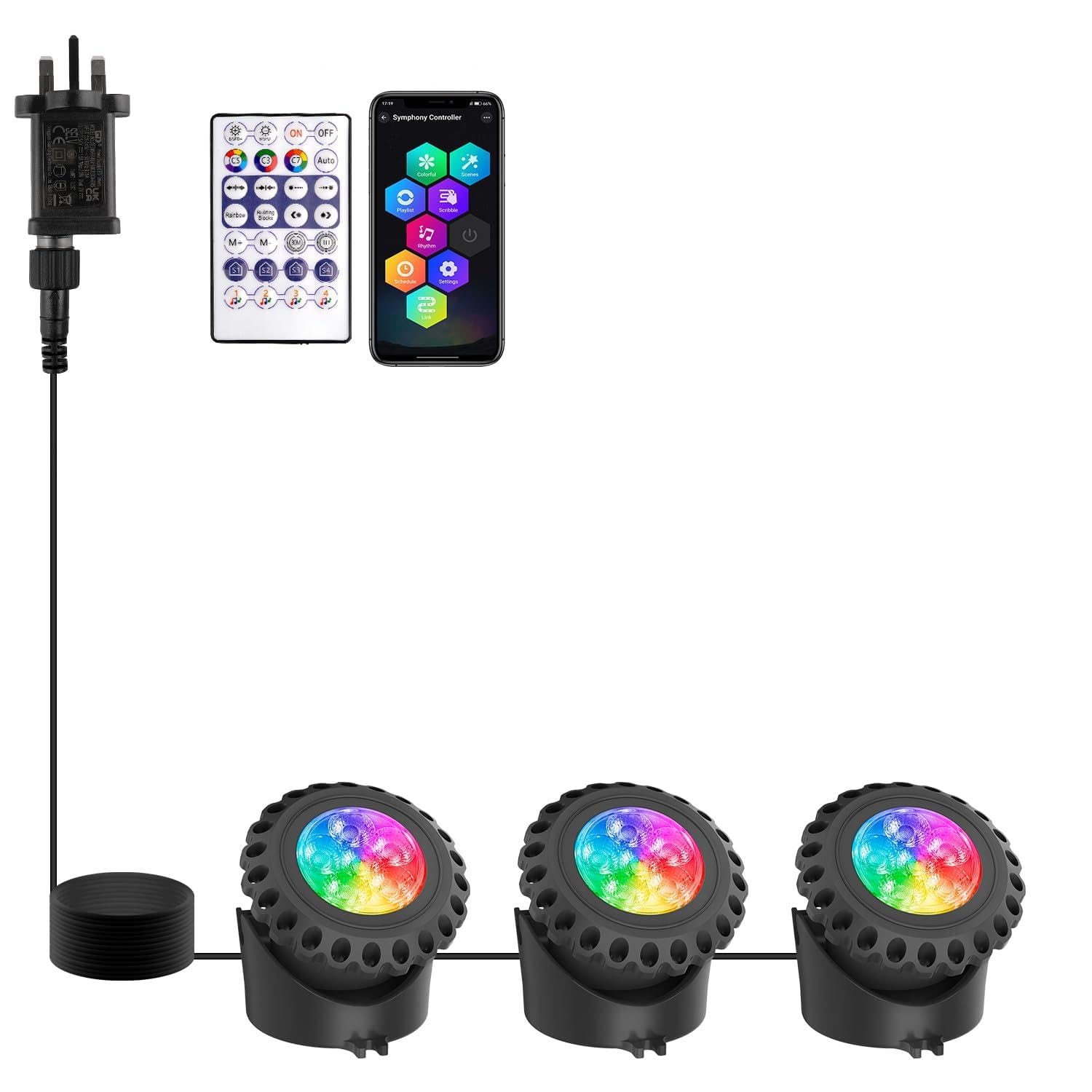 T-SUN RGB Pond Lights Mains Powered Submersible LED Underwater Fountain Spotlights with Bluetooth APP Control IP68 Waterproof for Aquariums Fish Tanks Pools Garden Yard Ponds (Set of 3)