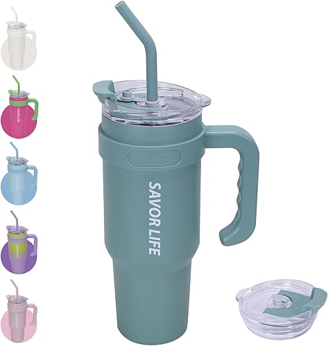 GiNT Vaso de 40 oz con asa, vaso aislado de acero inoxidable con tapa y pajilla, doble vacío a prueba de fugas, taza de café de viaje, color verde disponible en Yaxa Peru