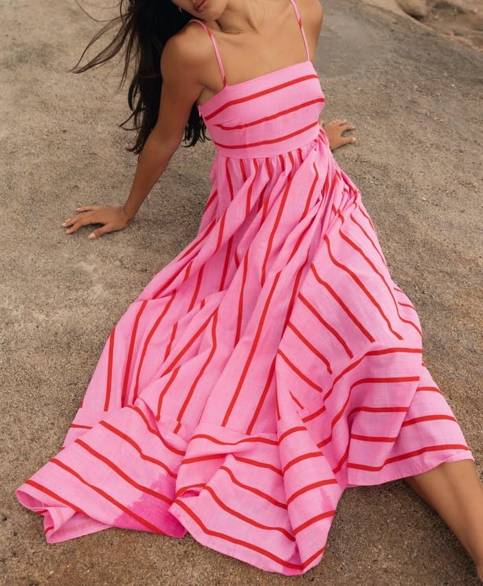 Image of KMBANGI Women Striped Sleeveless Maxi Dress Swing Patchwork Midi Dress Smocked Spaghetti Strap Colorful Long Sundress