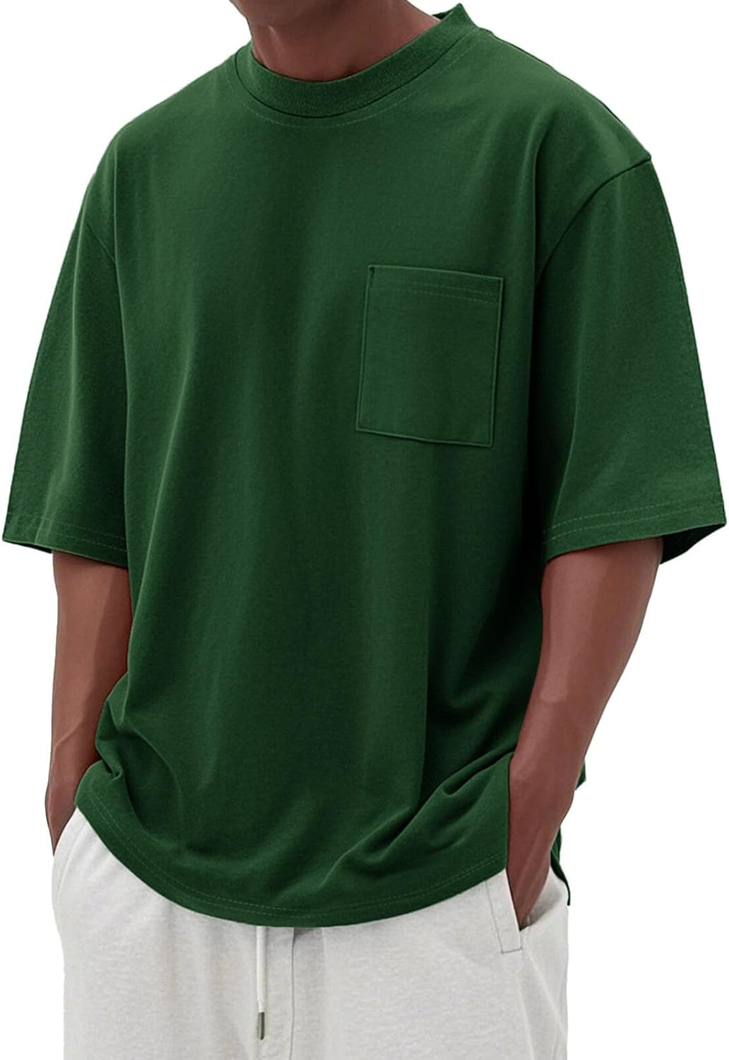 Men's Oversized Cotton T-Shirt Short Sleeve Casual Crew Neck Solid Pocket Tee Basic Workout Tops