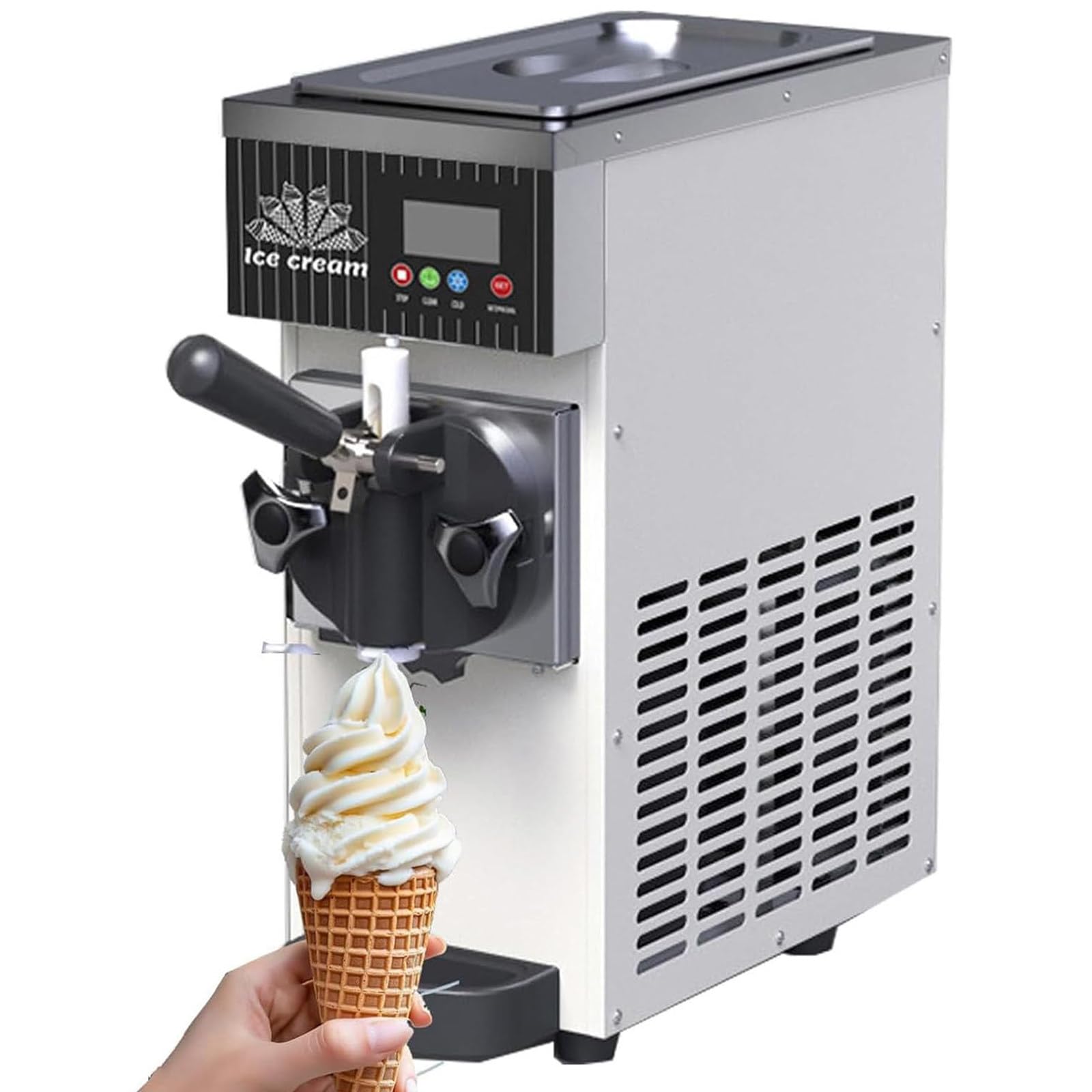 Máquina de helado de servicio suave, salida de 4-5 kg/h, tolva de congelador de 2.5 L, tanque de congelación de 1 litro, control LCD, limpieza automática, máquina de helado de encimera de 450 W
