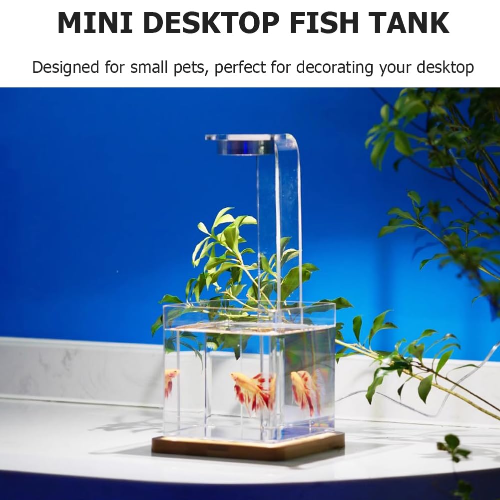 Acquario per Pesci Betta con Luce LED E Base in Venature del Legno, Kit di Avviamento per Acquario in Acrilico, Facile da Mantenere, Boccia per Pesci da Tavolo